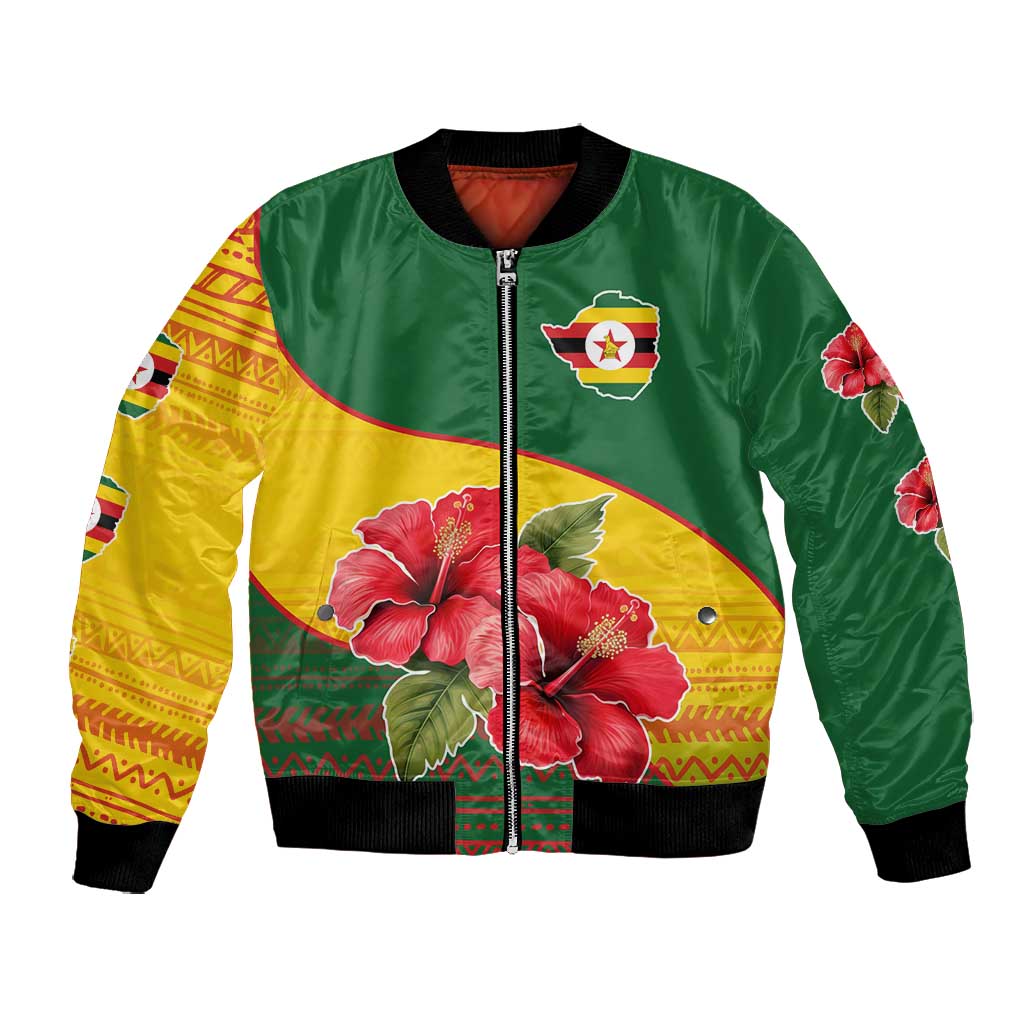 Zimbabwe Flag Map Bomber Jacket African Tribal Pattern Red Hibiscus Flowers