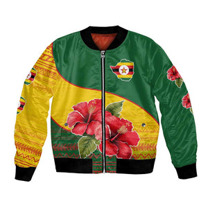 Zimbabwe Flag Map Bomber Jacket African Tribal Pattern Red Hibiscus Flowers