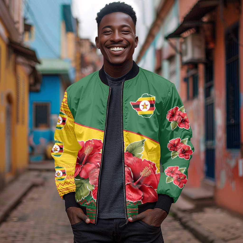 Zimbabwe Flag Map Bomber Jacket African Tribal Pattern Red Hibiscus Flowers