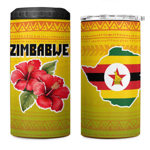 Zimbabwe Flag Map 4 in 1 Can Cooler Tumbler African Tribal Pattern Red Hibiscus Flowers