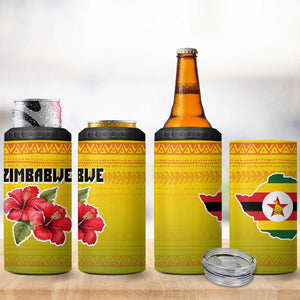 Zimbabwe Flag Map 4 in 1 Can Cooler Tumbler African Tribal Pattern Red Hibiscus Flowers