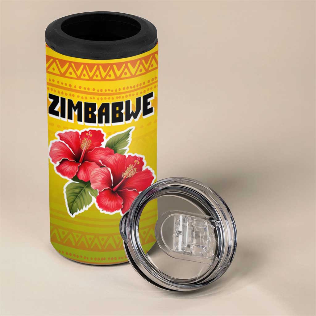 Zimbabwe Flag Map 4 in 1 Can Cooler Tumbler African Tribal Pattern Red Hibiscus Flowers