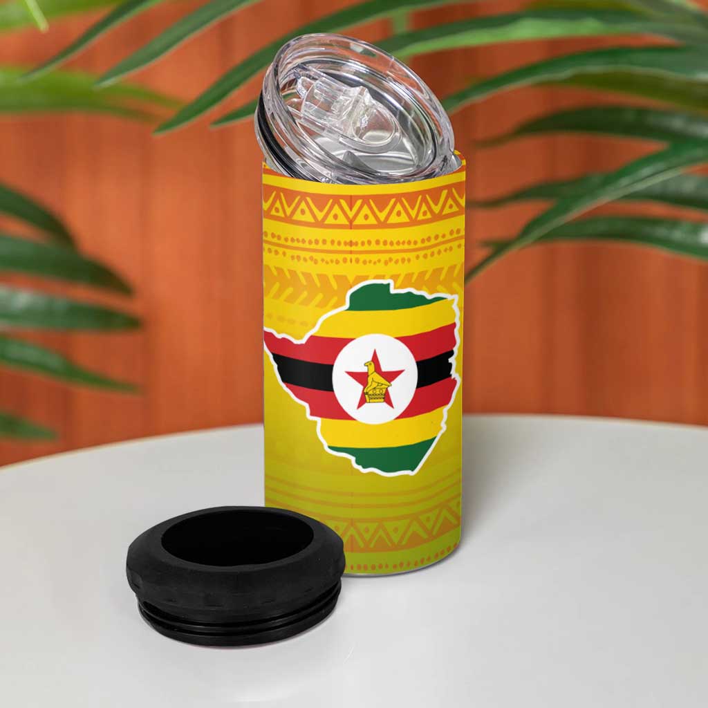 Zimbabwe Flag Map 4 in 1 Can Cooler Tumbler African Tribal Pattern Red Hibiscus Flowers