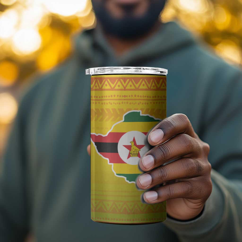 Zimbabwe Flag Map 4 in 1 Can Cooler Tumbler African Tribal Pattern Red Hibiscus Flowers