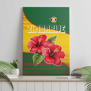 Zimbabwe Flag Map Canvas Wall Art African Tribal Pattern Red Hibiscus Flowers