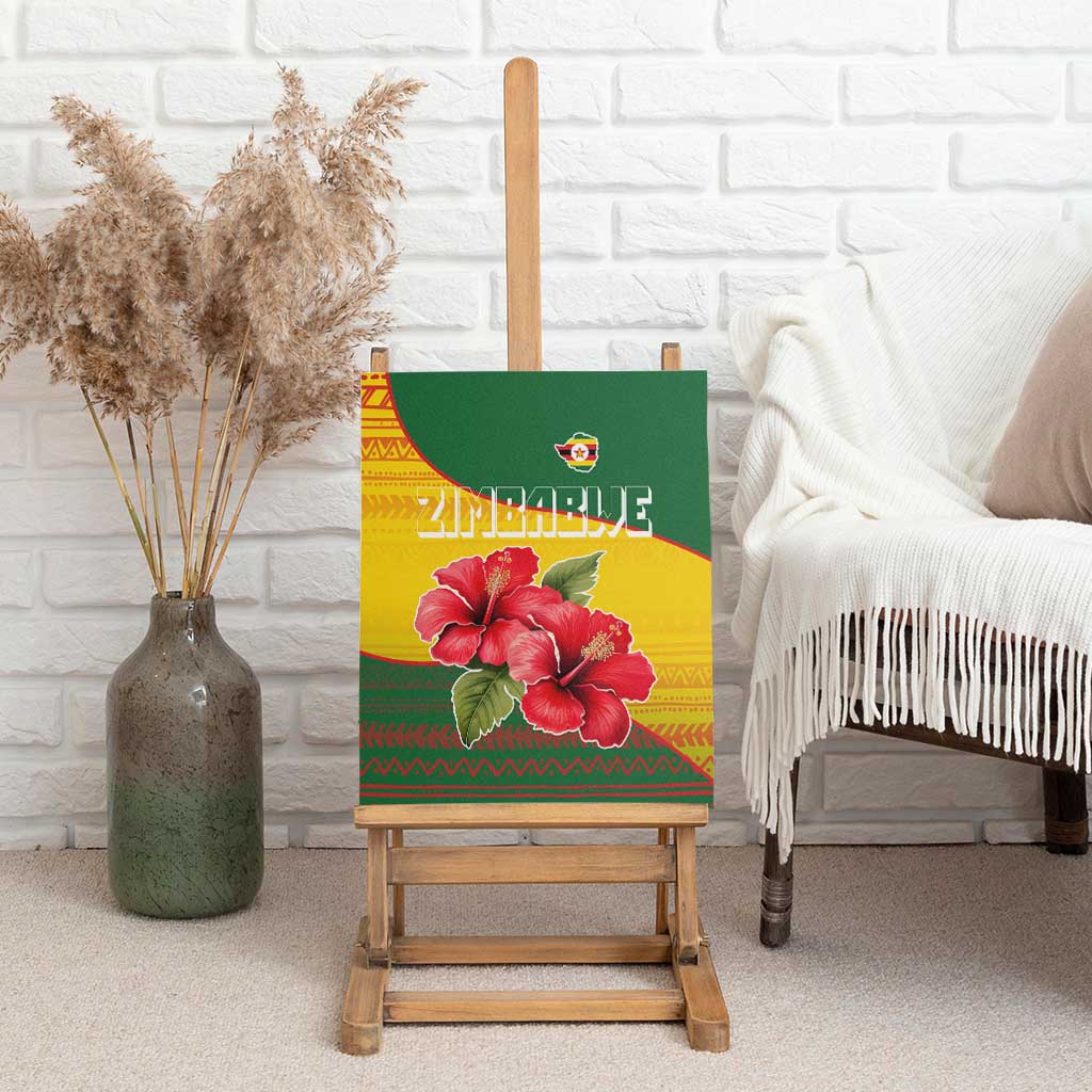 Zimbabwe Flag Map Canvas Wall Art African Tribal Pattern Red Hibiscus Flowers