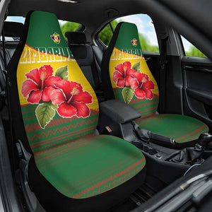 Zimbabwe Flag Map Car Seat Cover African Tribal Pattern Red Hibiscus Flowers