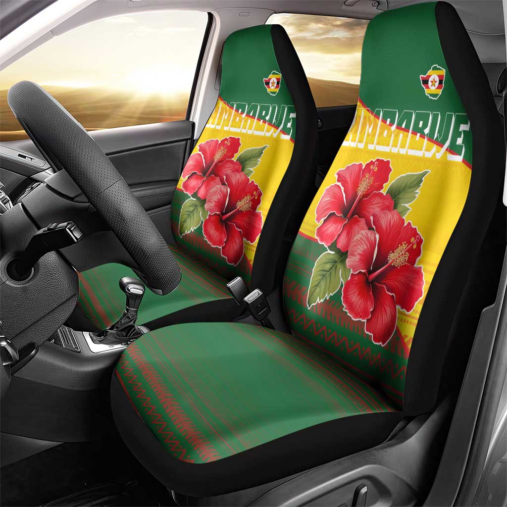 Zimbabwe Flag Map Car Seat Cover African Tribal Pattern Red Hibiscus Flowers