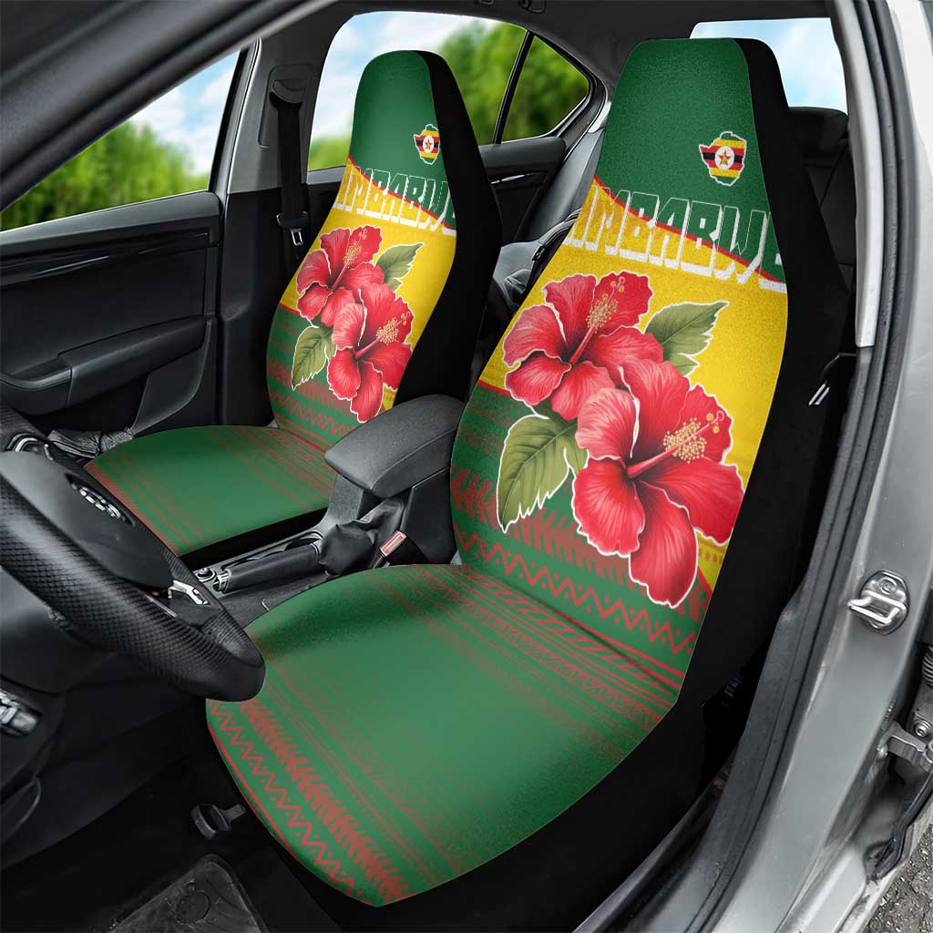 Zimbabwe Flag Map Car Seat Cover African Tribal Pattern Red Hibiscus Flowers
