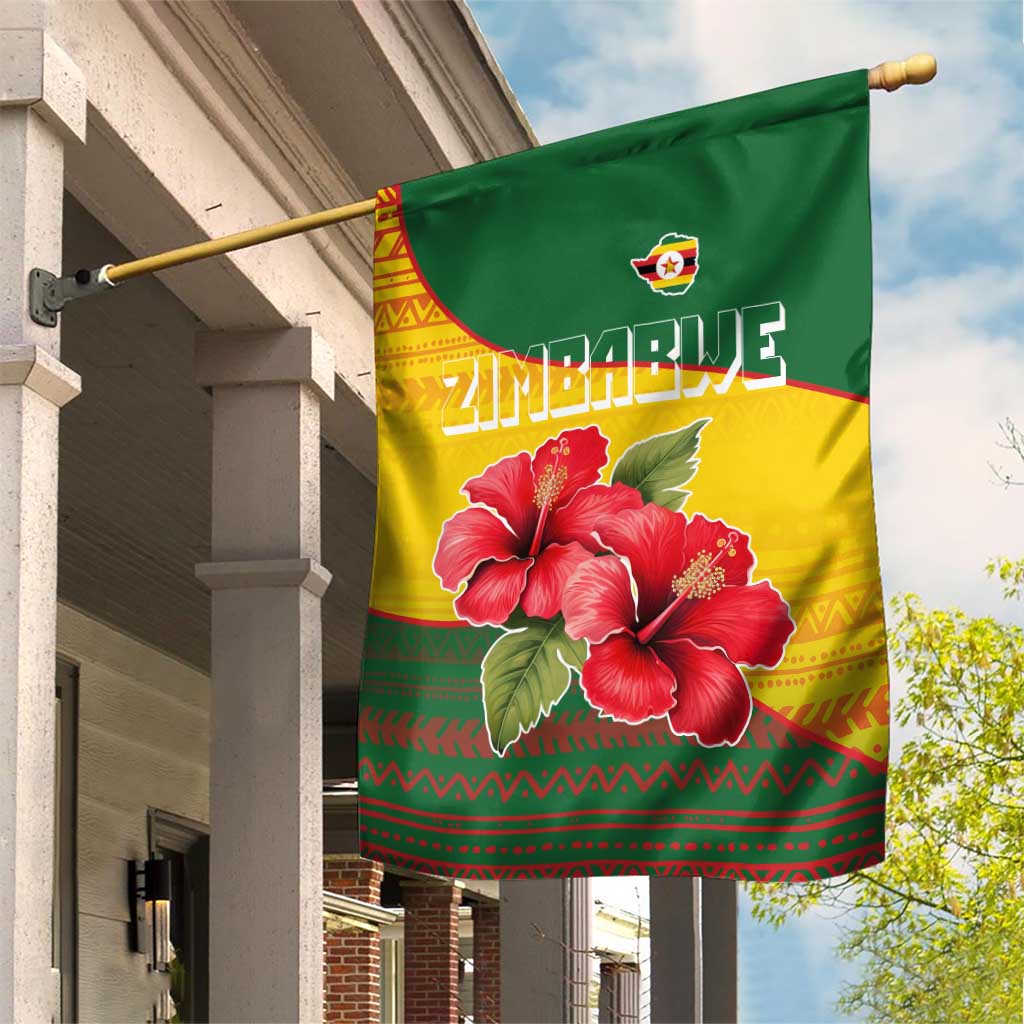 Zimbabwe Flag Map Garden Flag African Tribal Pattern Red Hibiscus Flowers