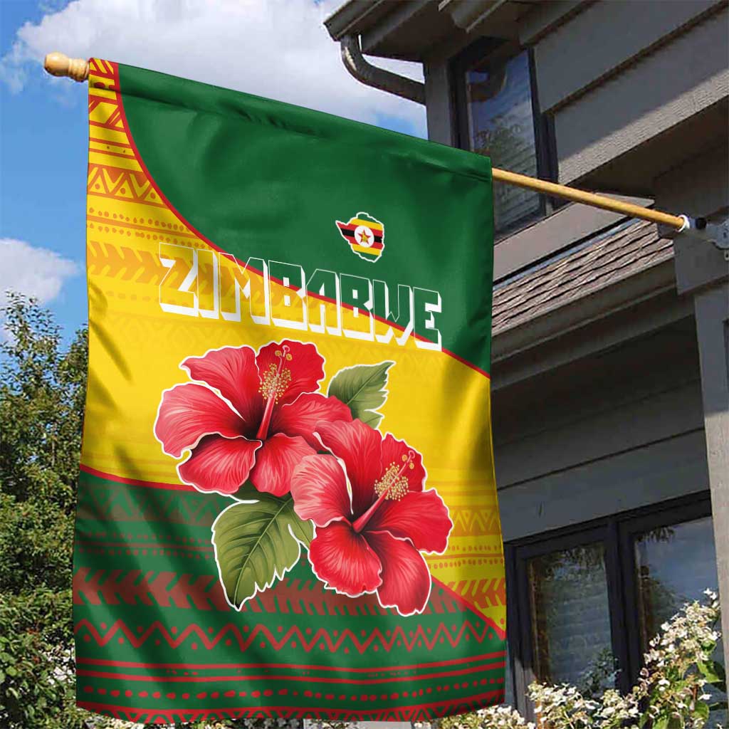 Zimbabwe Flag Map Garden Flag African Tribal Pattern Red Hibiscus Flowers