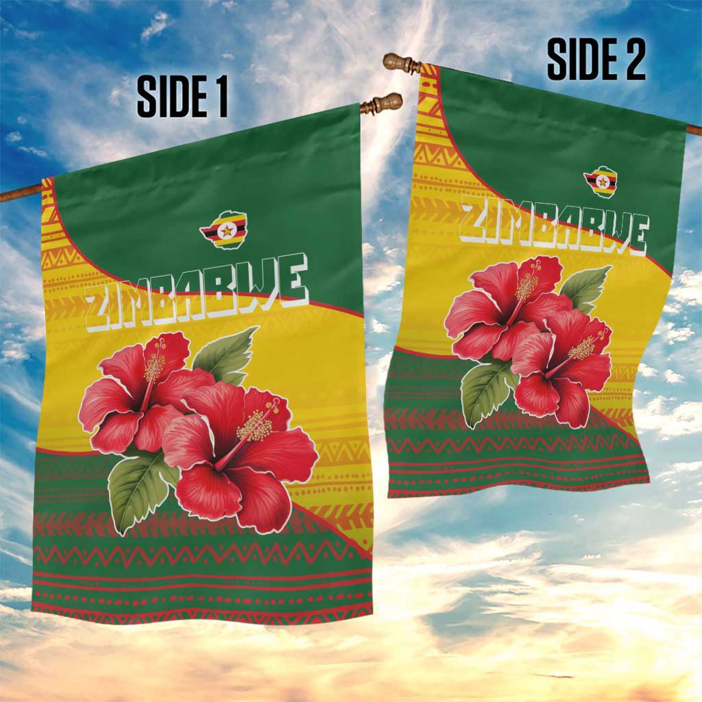 Zimbabwe Flag Map Garden Flag African Tribal Pattern Red Hibiscus Flowers