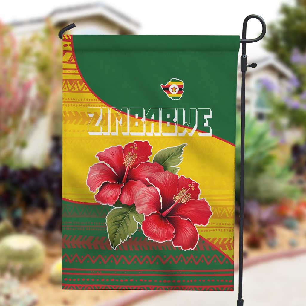 Zimbabwe Flag Map Garden Flag African Tribal Pattern Red Hibiscus Flowers