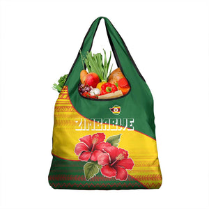 Zimbabwe Flag Map Grocery Bag African Tribal Pattern Red Hibiscus Flowers