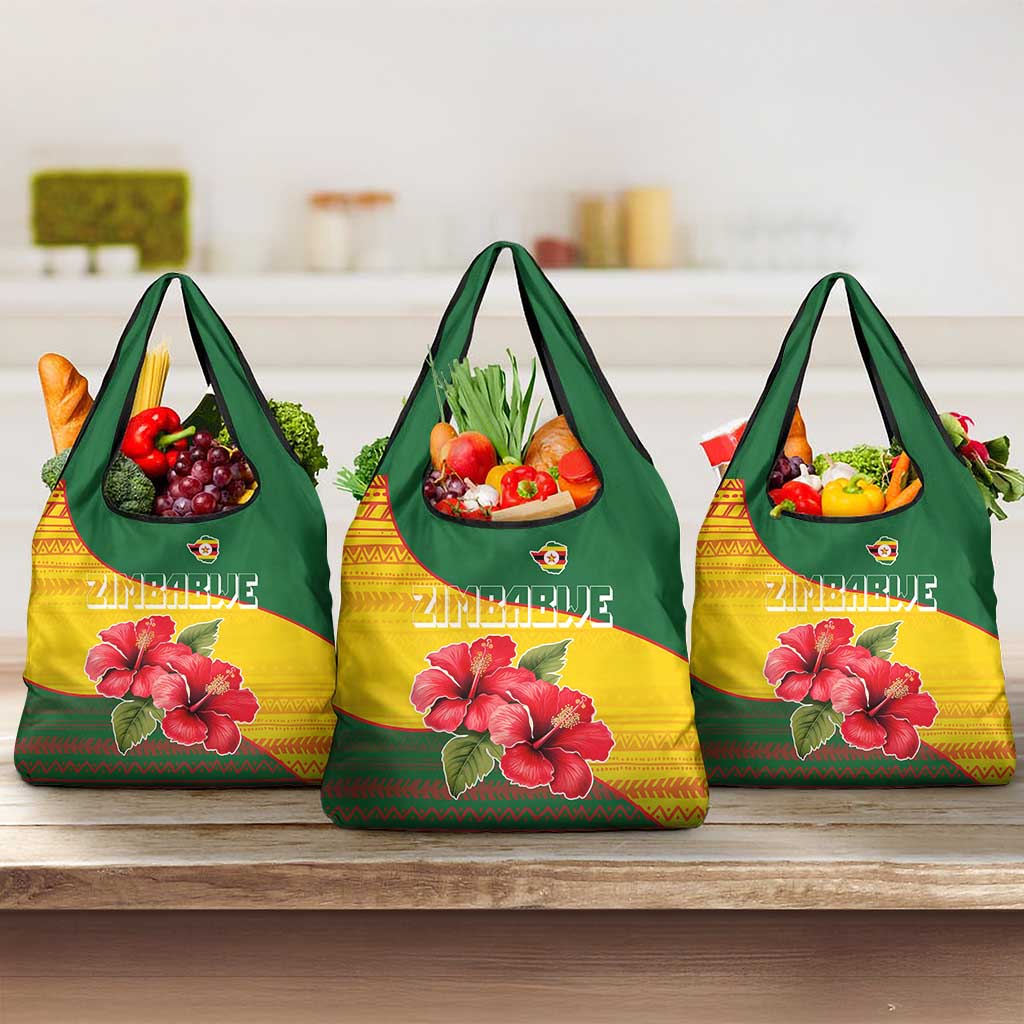 Zimbabwe Flag Map Grocery Bag African Tribal Pattern Red Hibiscus Flowers