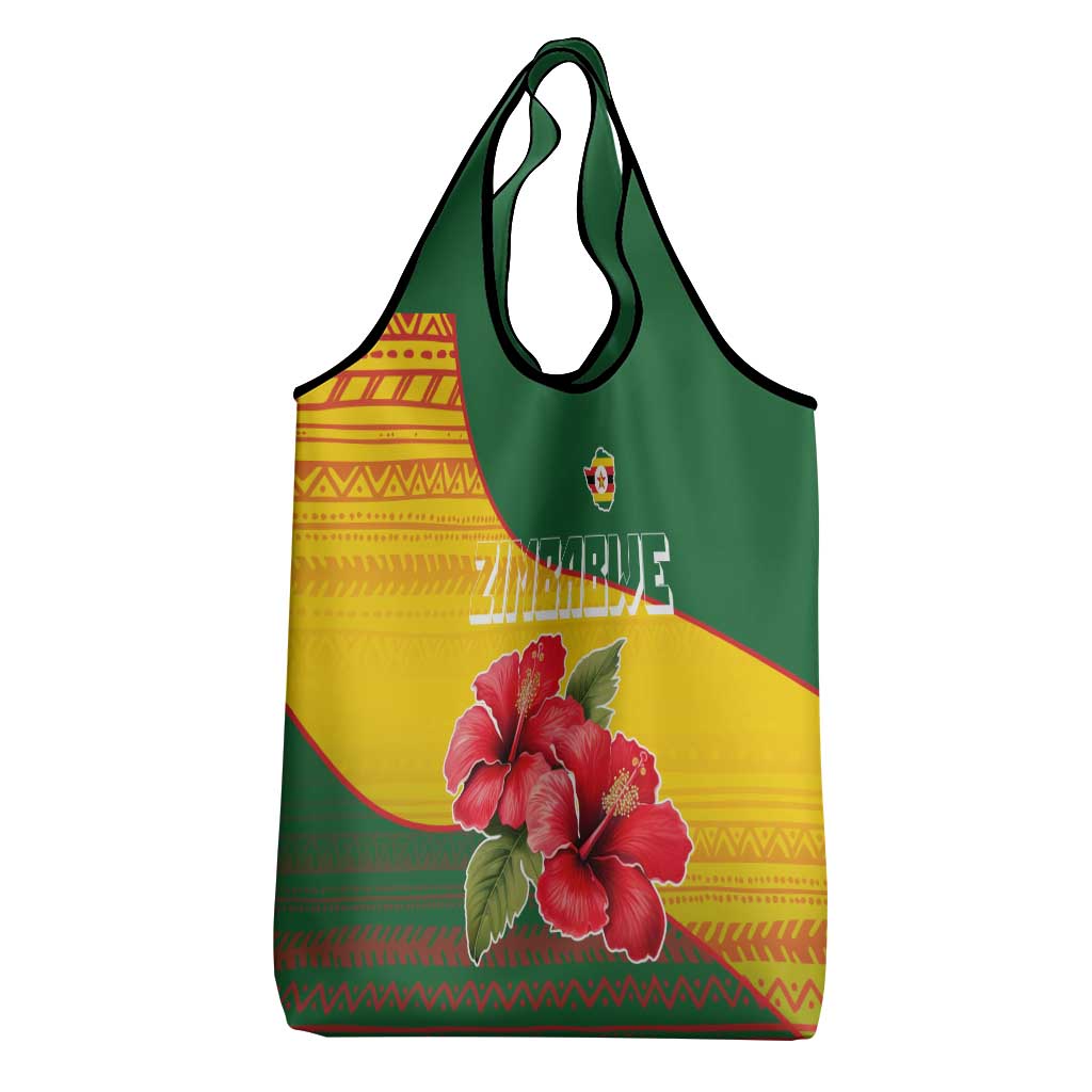 Zimbabwe Flag Map Grocery Bag African Tribal Pattern Red Hibiscus Flowers