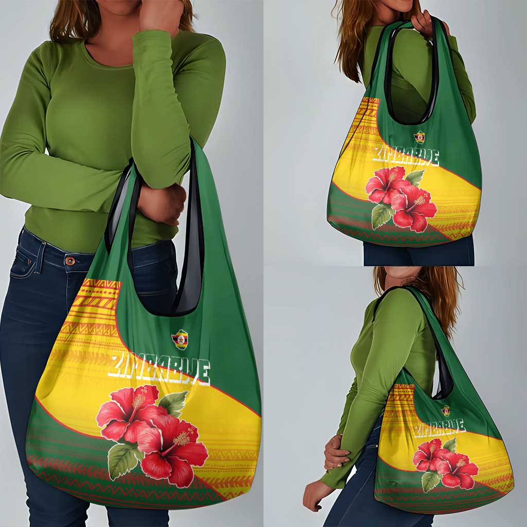 Zimbabwe Flag Map Grocery Bag African Tribal Pattern Red Hibiscus Flowers