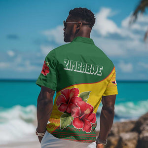 Zimbabwe Flag Map Hawaiian Shirt African Tribal Pattern Red Hibiscus Flowers