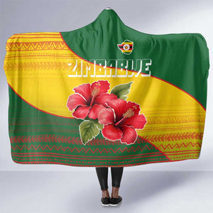 Zimbabwe Flag Map Hooded Blanket African Tribal Pattern Red Hibiscus Flowers
