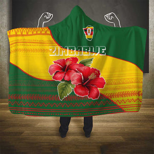 Zimbabwe Flag Map Hooded Blanket African Tribal Pattern Red Hibiscus Flowers