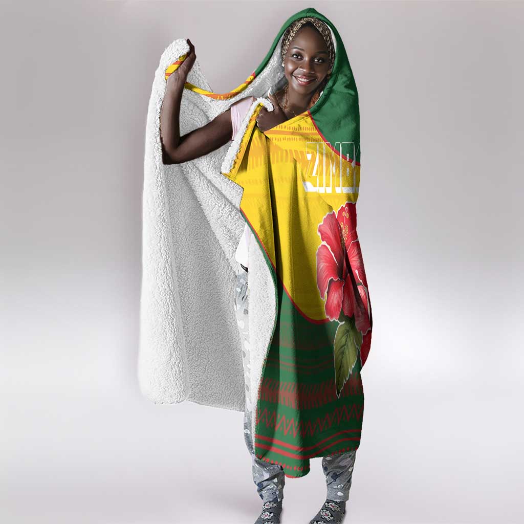 Zimbabwe Flag Map Hooded Blanket African Tribal Pattern Red Hibiscus Flowers