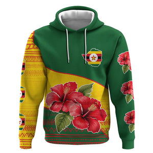 Zimbabwe Flag Map Hoodie African Tribal Pattern Red Hibiscus Flowers