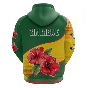 Zimbabwe Flag Map Hoodie African Tribal Pattern Red Hibiscus Flowers