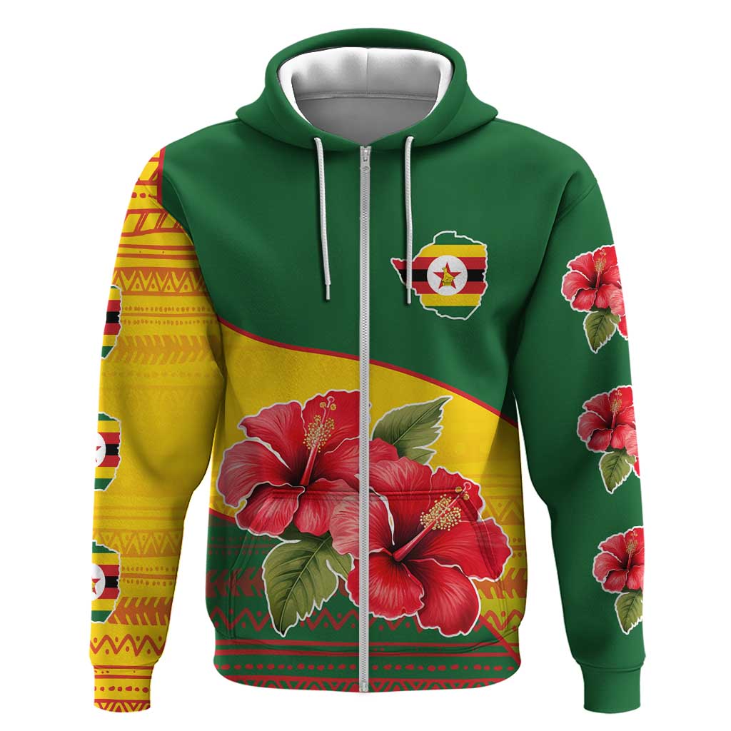 Zimbabwe Flag Map Hoodie African Tribal Pattern Red Hibiscus Flowers