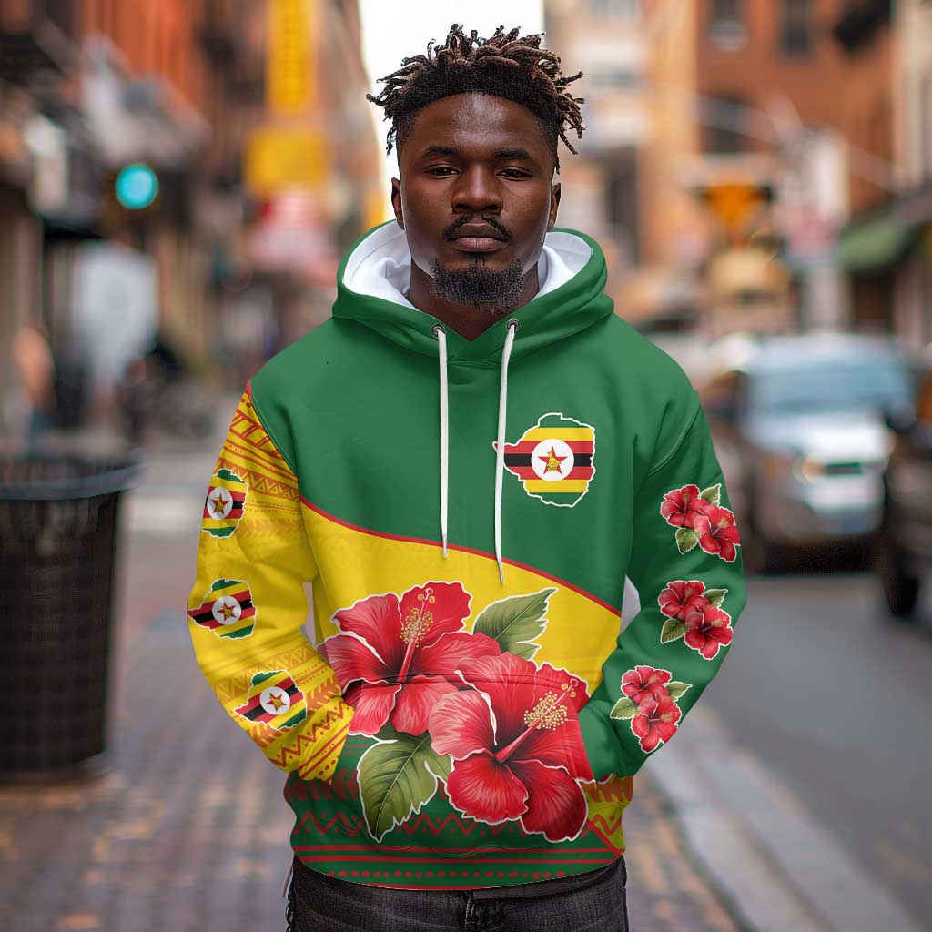Zimbabwe Flag Map Hoodie African Tribal Pattern Red Hibiscus Flowers