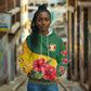Zimbabwe Flag Map Hoodie African Tribal Pattern Red Hibiscus Flowers