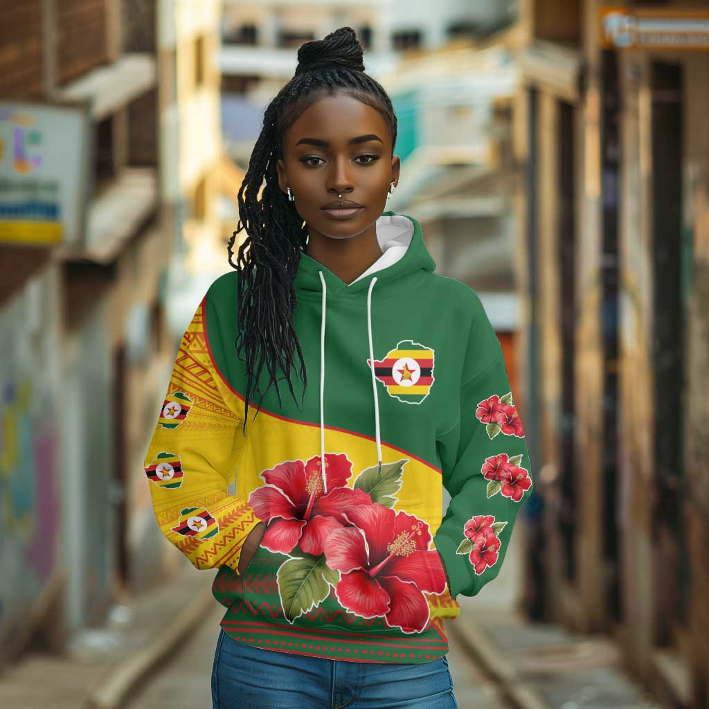 Zimbabwe Flag Map Hoodie African Tribal Pattern Red Hibiscus Flowers