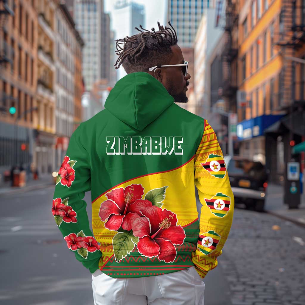 Zimbabwe Flag Map Hoodie African Tribal Pattern Red Hibiscus Flowers