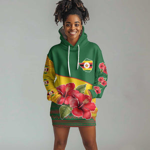 Zimbabwe Flag Map Hoodie Dress African Tribal Pattern Red Hibiscus Flowers
