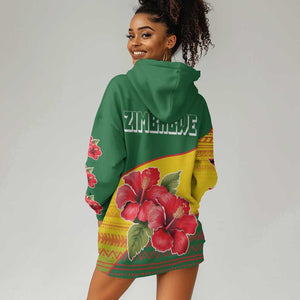 Zimbabwe Flag Map Hoodie Dress African Tribal Pattern Red Hibiscus Flowers
