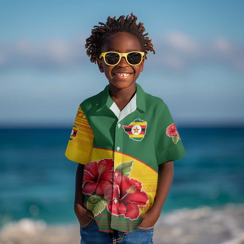 Zimbabwe Flag Map Kid Hawaiian Shirt African Tribal Pattern Red Hibiscus Flowers