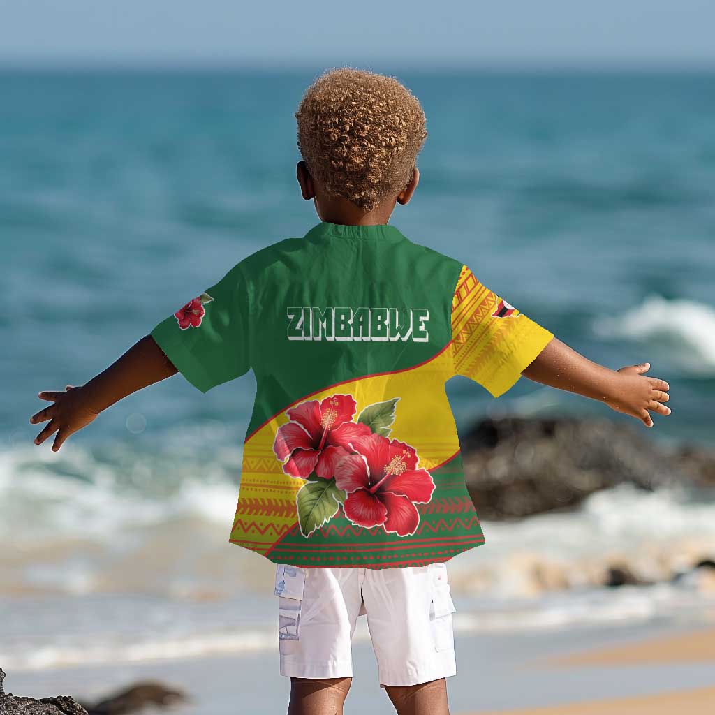 Zimbabwe Flag Map Kid Hawaiian Shirt African Tribal Pattern Red Hibiscus Flowers