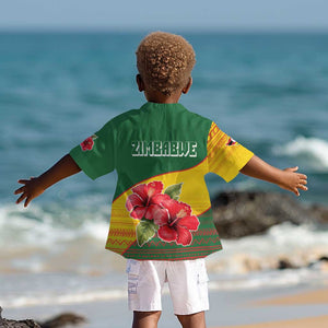 Zimbabwe Flag Map Kid Hawaiian Shirt African Tribal Pattern Red Hibiscus Flowers