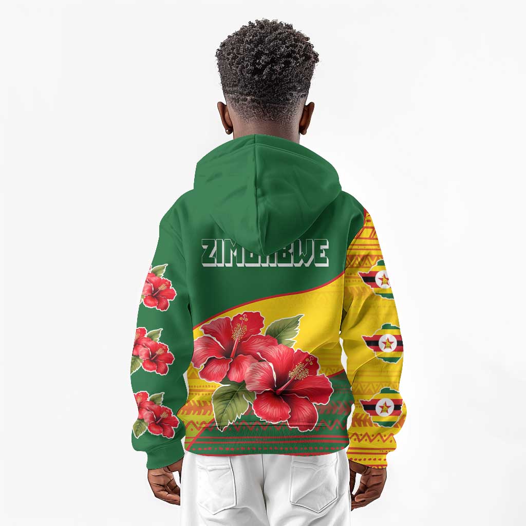 Zimbabwe Flag Map Kid Hoodie African Tribal Pattern Red Hibiscus Flowers