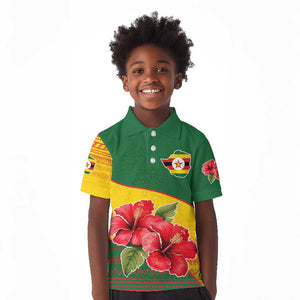 Zimbabwe Flag Map Kid Polo Shirt African Tribal Pattern Red Hibiscus Flowers