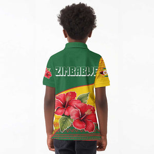 Zimbabwe Flag Map Kid Polo Shirt African Tribal Pattern Red Hibiscus Flowers