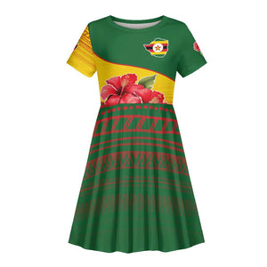 Zimbabwe Flag Map Kid Short Sleeve Dress African Tribal Pattern Red Hibiscus Flowers