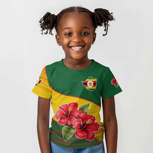 Zimbabwe Flag Map Kid T shirt African Tribal Pattern Red Hibiscus Flowers