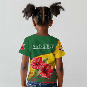 Zimbabwe Flag Map Kid T shirt African Tribal Pattern Red Hibiscus Flowers