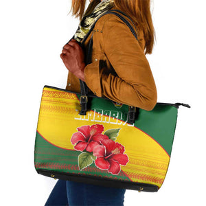 Zimbabwe Flag Map Leather Tote Bag African Tribal Pattern Red Hibiscus Flowers