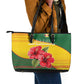 Zimbabwe Flag Map Leather Tote Bag African Tribal Pattern Red Hibiscus Flowers