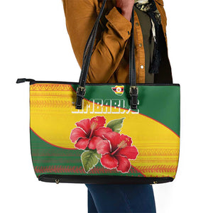 Zimbabwe Flag Map Leather Tote Bag African Tribal Pattern Red Hibiscus Flowers