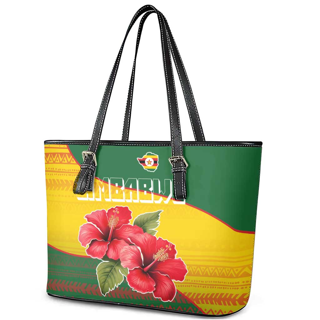 Zimbabwe Flag Map Leather Tote Bag African Tribal Pattern Red Hibiscus Flowers