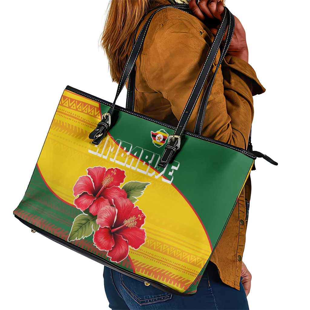 Zimbabwe Flag Map Leather Tote Bag African Tribal Pattern Red Hibiscus Flowers