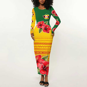 Zimbabwe Flag Map Long Sleeve Bodycon Dress African Tribal Pattern Red Hibiscus Flowers TS04
