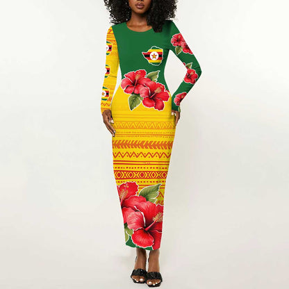 Zimbabwe Flag Map Long Sleeve Bodycon Dress African Tribal Pattern Red Hibiscus Flowers TS04